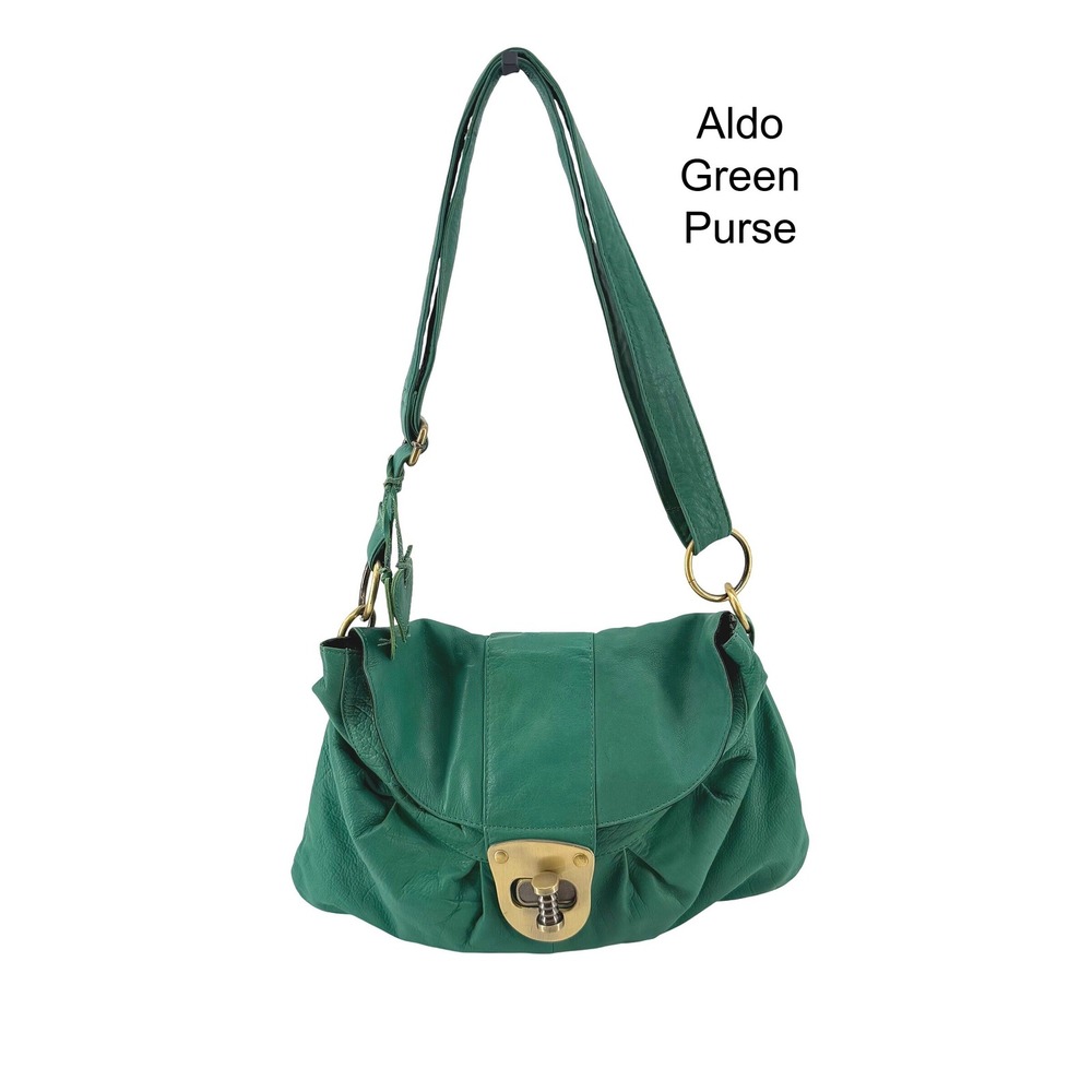 Aldo Emerald Green Genuine Leather Shoulder Bag Turn Lock Slouchy Hobo Purse